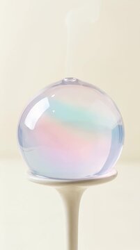 Edible aroma capsule dessert with glass-like clarity on minimalist stand, molecular gastronomy concept for luxury food branding and sensory dining experiences