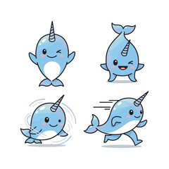 Cute cartoon narwhals in different poses and emotions on white background © Azizul