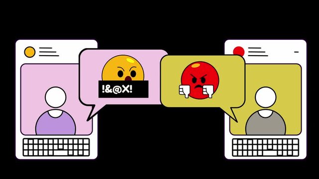 Animated of Online Argument and Cyberbullying Concept With Angry Emoji Chat Bubbles Between Social Media Users
