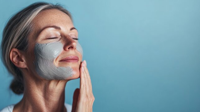 Woman applying a clay mask for self care and wellness, enjoying a spa moment with eyes closed in tranquility. Blue background adds calmness to this beauty routine