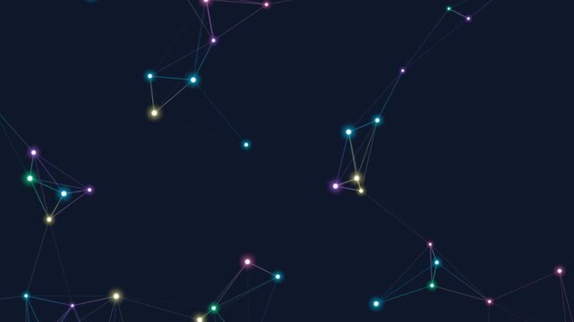 Futuristic network nodes glowing connections digital technology innovation cyber data flow abstract dark background motion