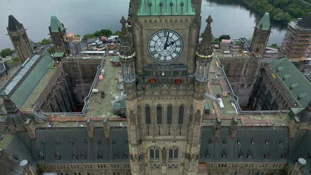 2023 Ottawa front lawn Parliament Hill in Ontario capital city of Canada site with a deep dig excavation in front of the Centre Block drone aerial showing roof iconic tower clock tower dolly roll 3-3