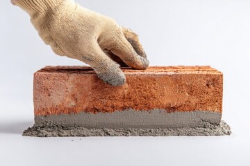 Worker places cement layer on brick for construction