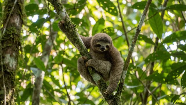 Young brown sloth clinging to mossy branch in rainforest canopy, soft fur and calm expression amid lush green foliage, arboreal mammal resting