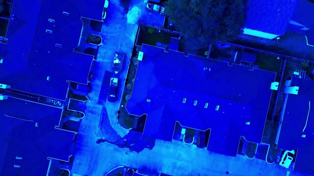 aerial perspective of the quiet premium residential neighborhood showcasing the duplex housing in Richmond BC Canada Vancouver minutes from the airport twilight evening park real estate dream YVR1-2