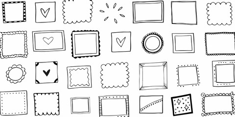 Collection of hand drawn doodle frames and decorative elements in black and white