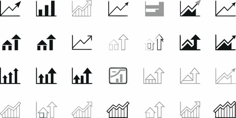 Collection of black and white financial growth and data icons