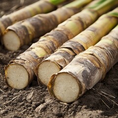 Freshly Cut Sugarcane Stalks on Rich Soil