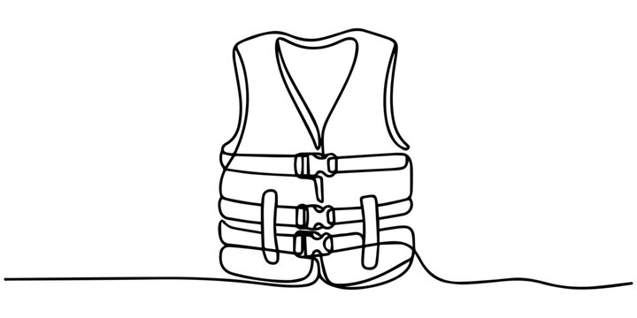 Life jacket safety flotation vest rescue monoline one continuous line art vector illustration, Life jacket continuous one line art drawing safety vest vector illustration, Life jacket to prevent drawn