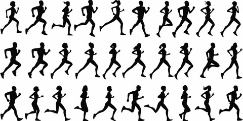 Silhouettes of runners in various poses representing motion and activity