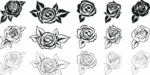 Collection of black and white rose illustrations with varying bloom stages