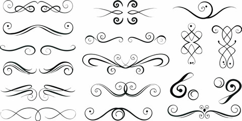 Collection of elegant black swirls and decorative floral design elements