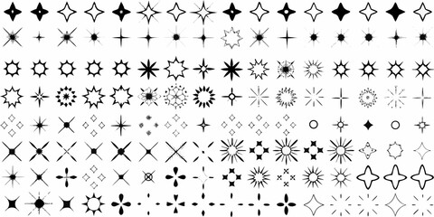 Collection of diverse black and white ornamental star and floral symbols