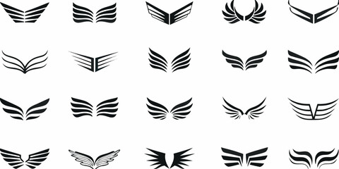 Collection of abstract black wing designs arranged on a white background