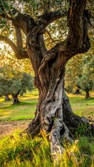 A gnarled olive tree in a sunlit field, other trees in the background