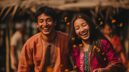 Fototapeta premium Tribal people celebrate Chaitra season with spring festivals in Bangladesh with joyful emotions and lively expressions outdoors.