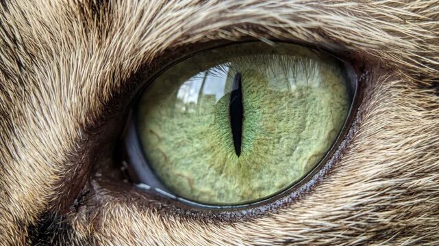 Green cat eye close up textured iris vertical pupil detailed fur whisker reflective highlight calm intense focus closeup