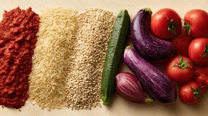 Overhead View of Fresh Vegetables and Grains Arranged on Beige Textured Surface Featuring Red Sauce Rice Cucumber Eggplant and Tomatoes Under Bright Studio Lighting