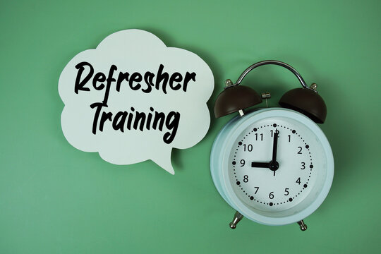 Refresher Training text on speech bubble with alarm clock on green background