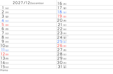 2027年シンプルカレンター　12月　曜日日本語