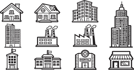 City Building Icon Collection &ndash; Black White Outline Vector Set