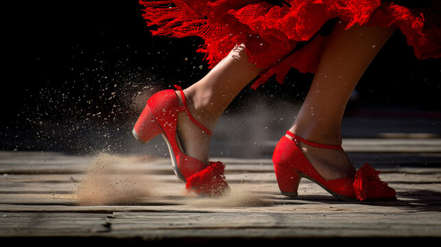 Festival Internacional del Cante de las Minas, Flamenco dancer red heels striking wooden stage with dust during Festival Internacional del Cante de las Minas performance