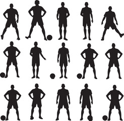 Obraz premium black silhouettes of soccer players in various poses with balls