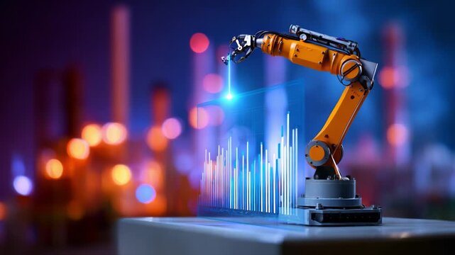 A high-tech robotic arm interacts with digital data projections in an industrial setting, showcasing advanced automation and connectivity in modern manufacturing environments.