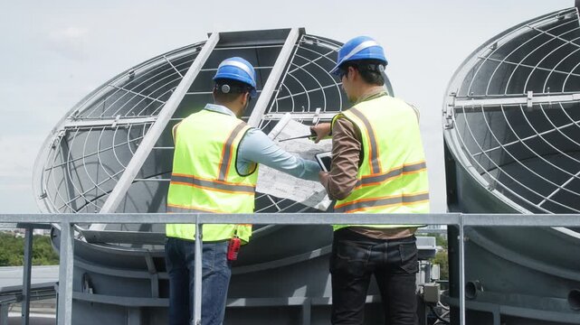 Two construction engineers in safety gear examine industrial HVAC units on rooftop, pointing and discussing project progress and setup.