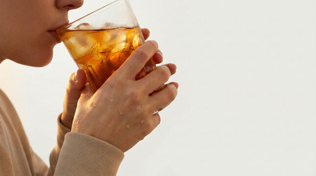 Faceless person drinking cold refreshing iced tea from glass at sunset