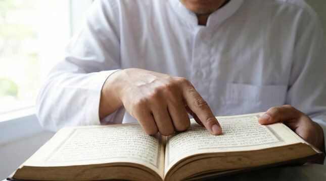 Faceless muslim man reading holy quran pointing finger at arabic text by window