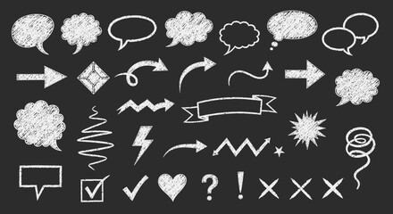 Chalkboard Doodle Elements: Hand-Drawn Arrows, Speech Bubbles, and Symbols on Black © jangee stock