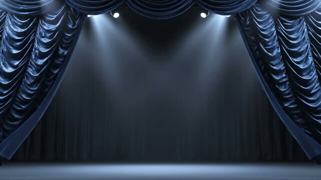 Elegant blue velvet theater curtains opening on a dark stage with dramatic spotlights