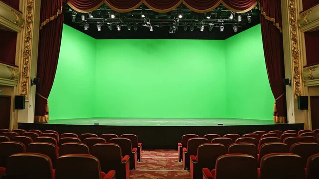 Empty classic theater stage with red velvet curtains and green screen for chroma key backdrop
