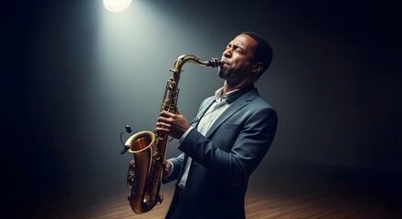Naklejka premium young man in a black suit playing jazz saxophone on stage