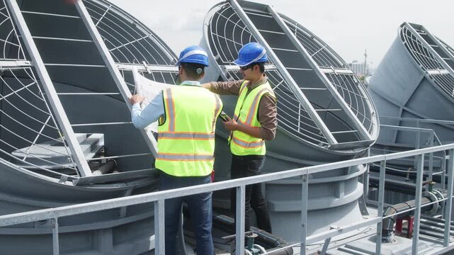 Two construction engineers in safety gear examine industrial HVAC units on rooftop, pointing and discussing project progress and setup.