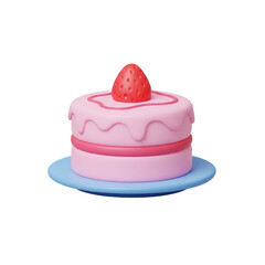 Render of a 3D pink cake with strawberry topping, on a blue plate against black