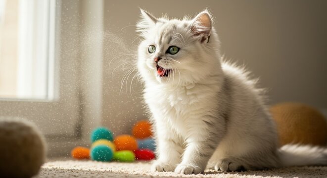 A white kitten playing with balls on the floor in a room