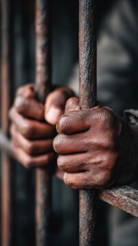 Man gripping prison bars with hands in somber expression, vertical photo