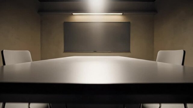 A video shows an interrogation room with a table and chairs in a dimly lit atmosphere