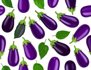 A vibrant digital seamless pattern of glossy, deep purple eggplants with green stems and leaves, arranged randomly on a white backdrop