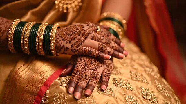 Indian bride's hands with traditional mehndi and bangles