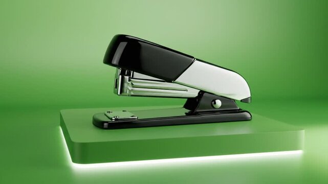 A sleek black and white stapler sits on a green platform in this product video