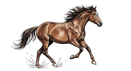 A galloping brown horse with flowing mane and tail, mid-stride, in a dynamic illustration, captured from a side viewpoint, showcasing its muscular physique and energetic movement.