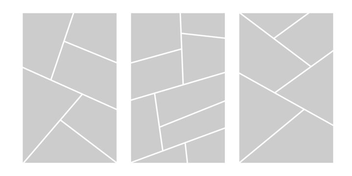 Image collage layout template. Grey mosaic mood board grid collection. Picture frame set. Photo album idea for banner, poster, comic page, flyer, brochure, booklet, memory wall design. Vector pack