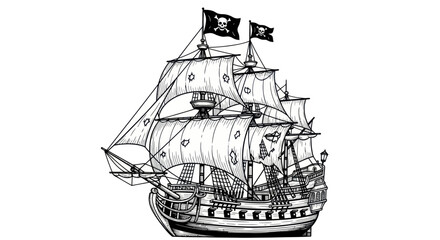 Pirate Ship Illustration, Jolly Roger Flag, Sailing, Black and White Sketch
