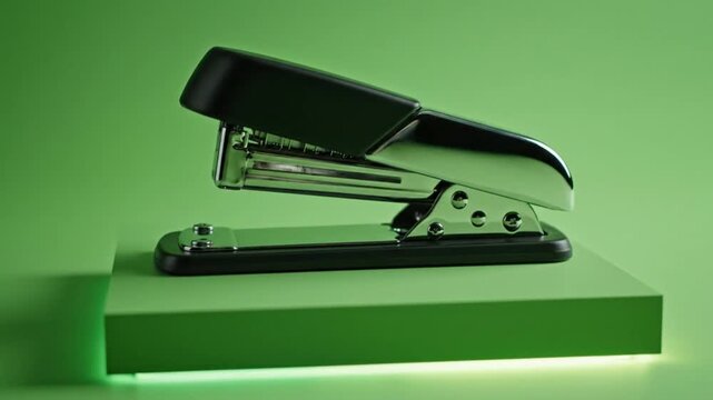 A sleek black stapler sits on a green platform in a modern video showcasing office supplies