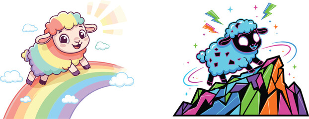Obraz premium Rainbow Sheep Illustration, Pastel Cute And Neon Geometric Design