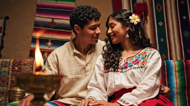 Young Hispanic couple in traditional attire with lit lamp