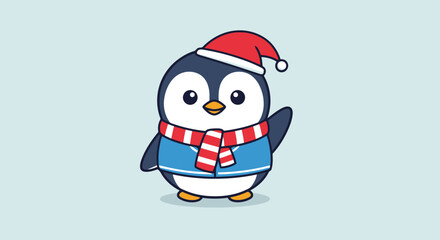Cute cartoon penguin wearing a Santa hat and scarf. © Tata